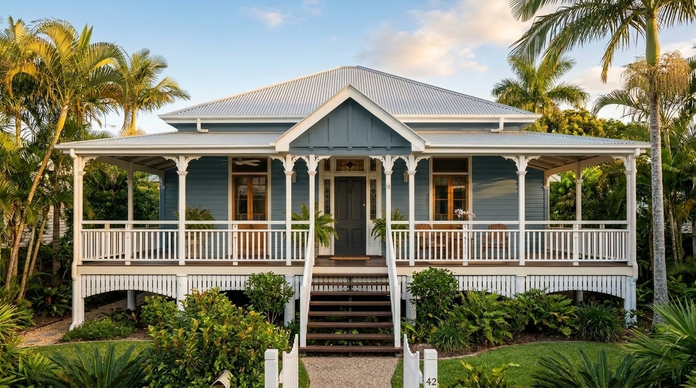 Queenslander home recoloured with Walls in Coastal Blue · Trim in Classic White · Door in Charcoal — after